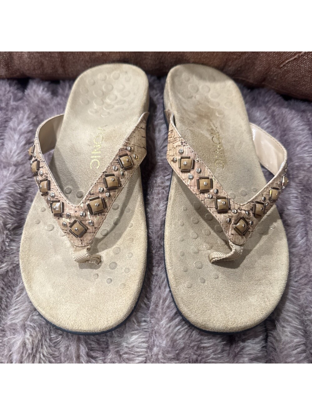 Vionic Sandals Floriana Cork Ladies Embellished Sandals 7, Beige Tan Beaded